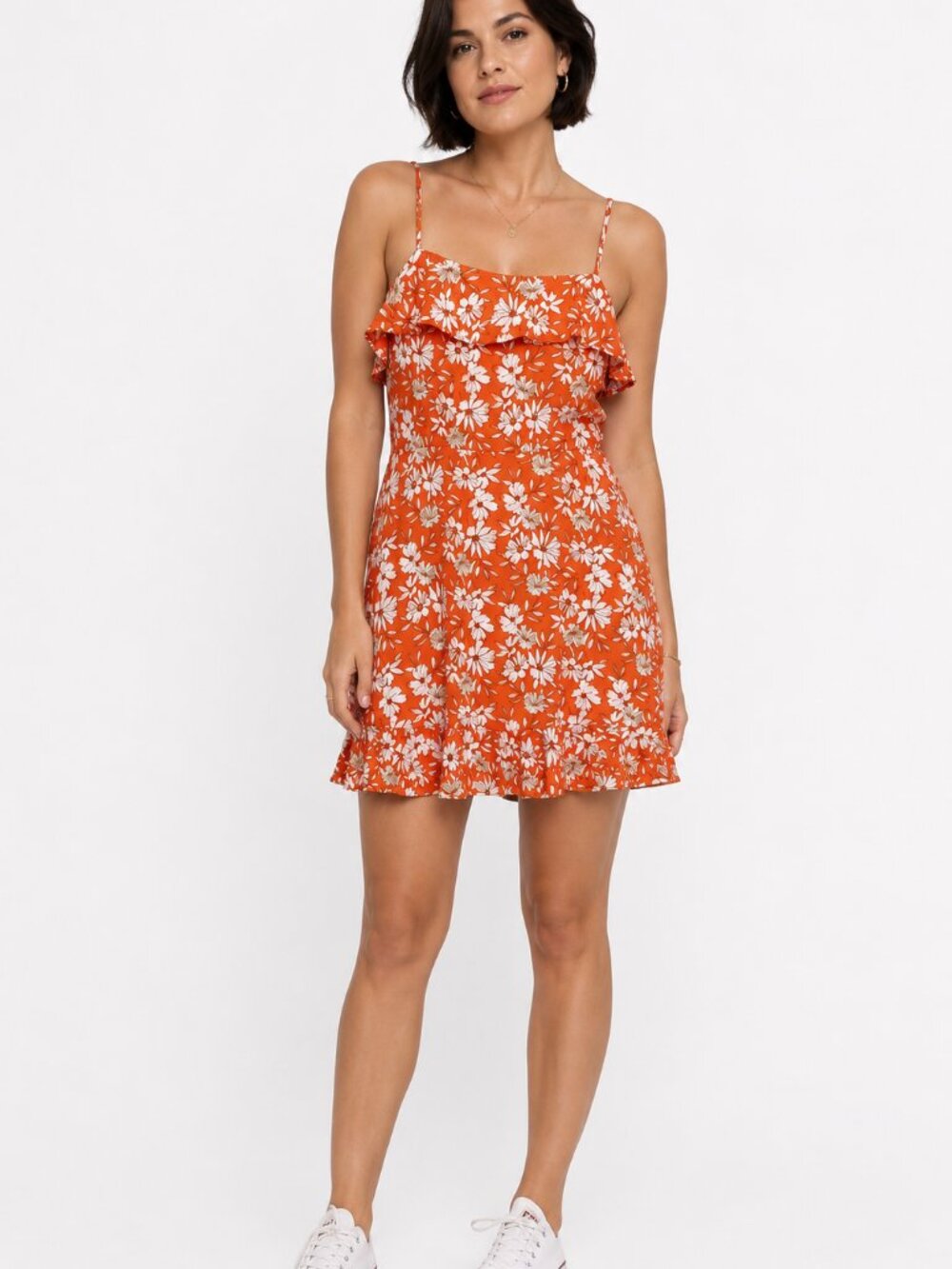 Francescas TRIXXI Coral Floral Mini Summer Dress w/ Ruffles Size M *Bust 17" ptp